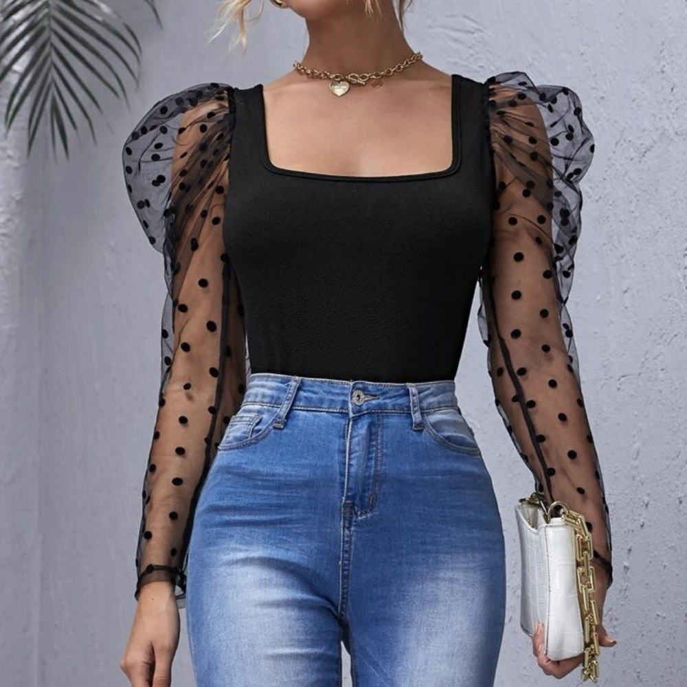 Boho black polka dots mesh sleeve top